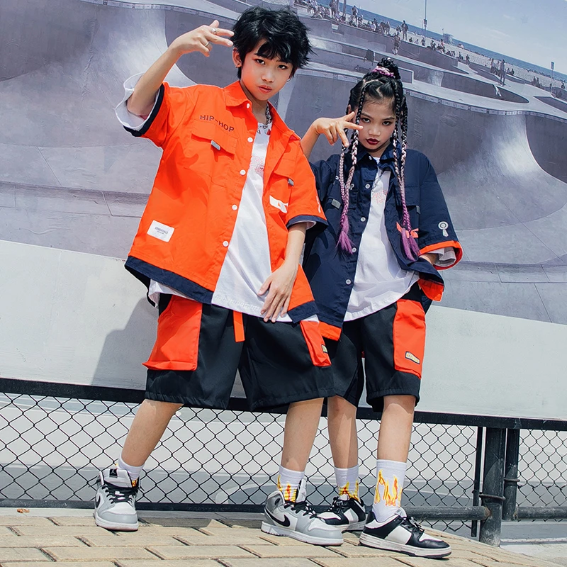 街舞服装嘻哈风男童炸街儿童hiphop架子鼓演出服套装短袖衬衫女童