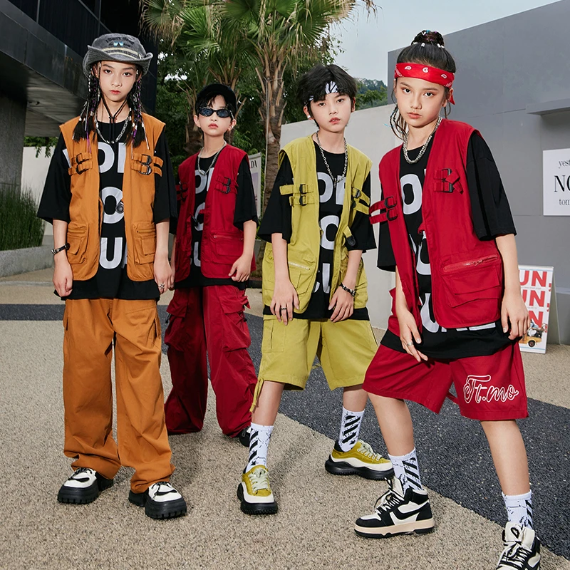 儿童街舞潮服嘻哈男童宽松马甲演出服走秀hiphop架子鼓女童表演服