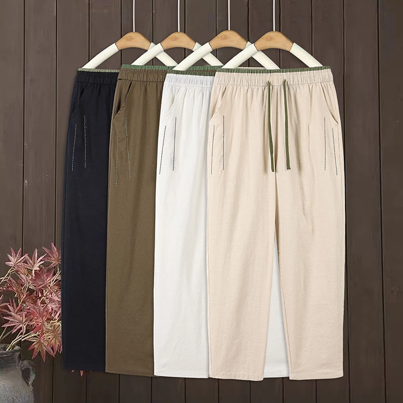 【原版正品 水洗棉麻】夏款凉爽丝滑撞色抽绳弹力透气休闲女九分裤
