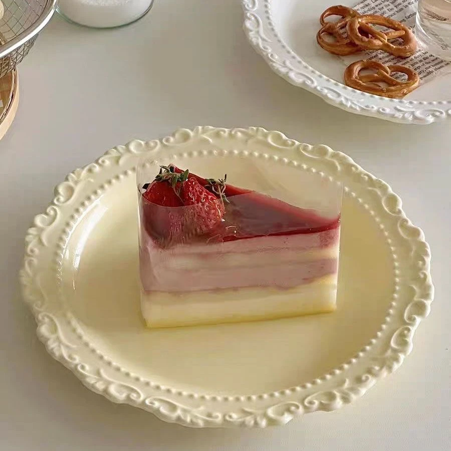 复古ins风设计款法式浮雕花边甜品盘陶瓷西餐盘蛋糕盘意面沙拉盘