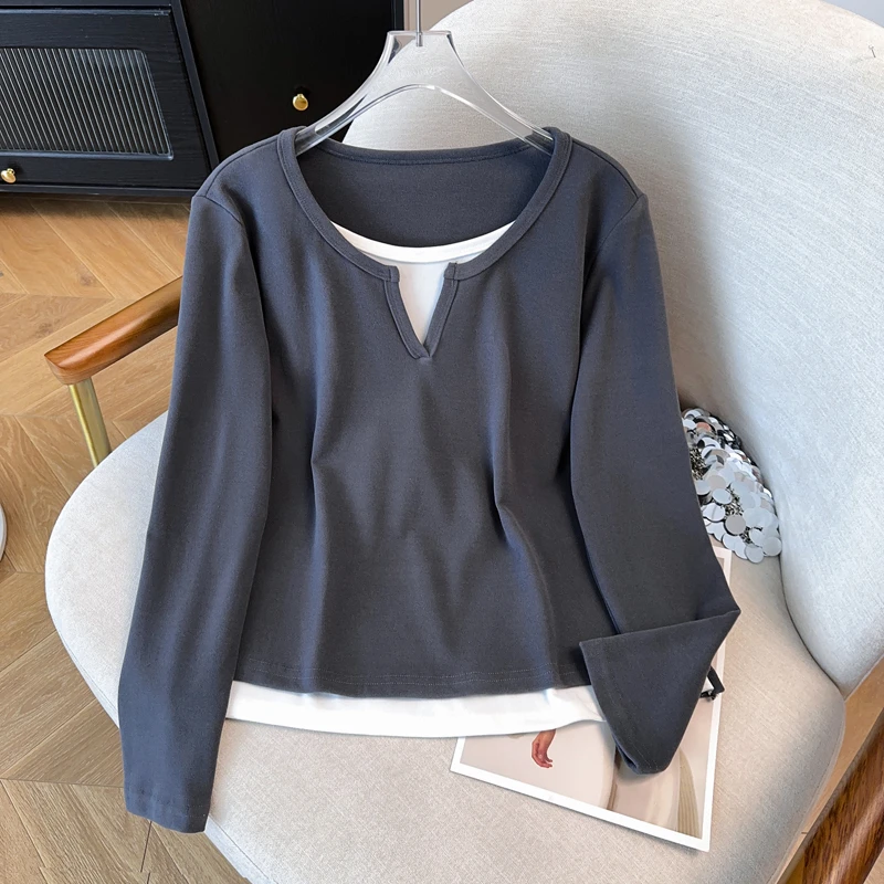 【5056】秋冬新款假两件V领德绒打底衫