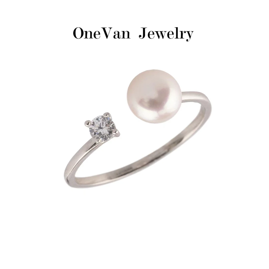 【品牌】纯银天然珠珠闪钻开口戒指可调节镶钻指环简约轻奢时尚简约