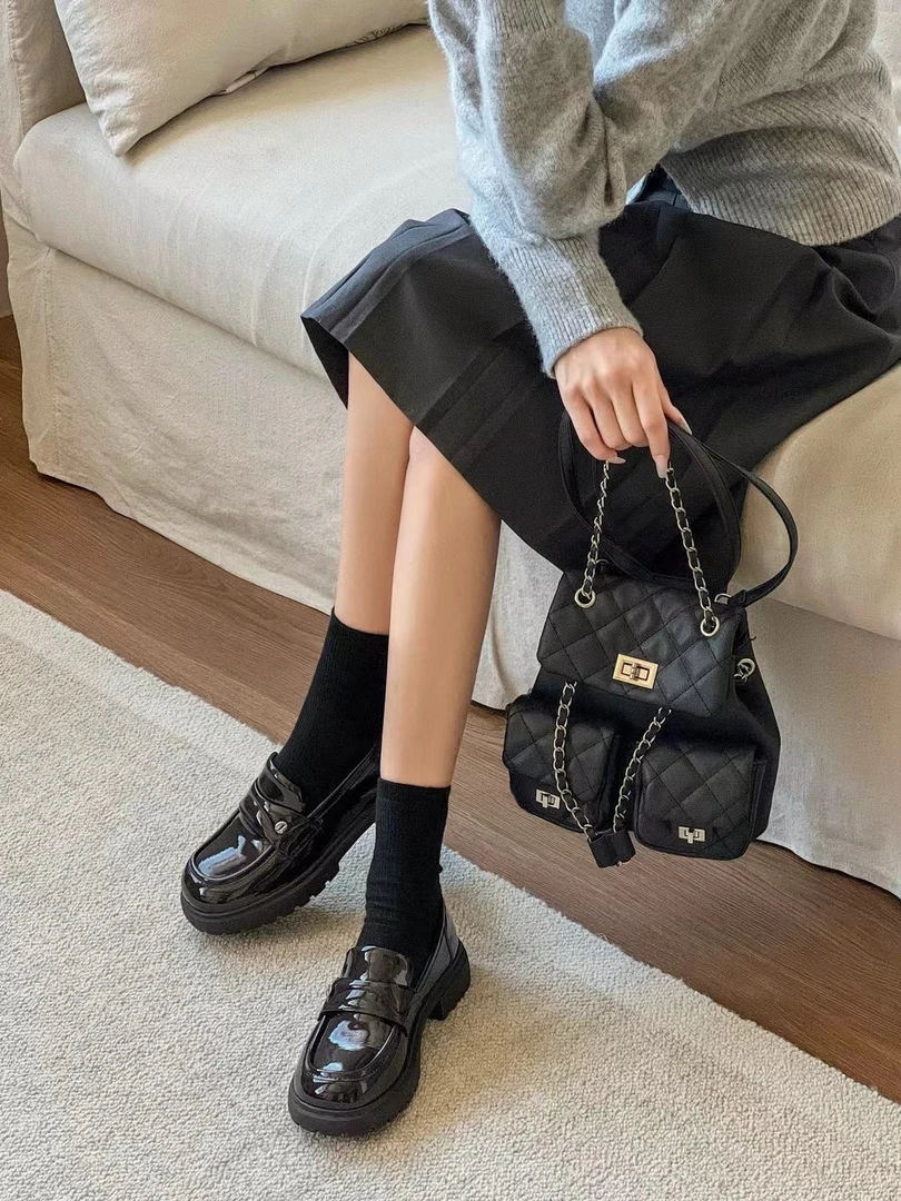 黑色复古英伦风增高厚底小皮鞋女2024新款秋季法式一脚蹬乐福单鞋