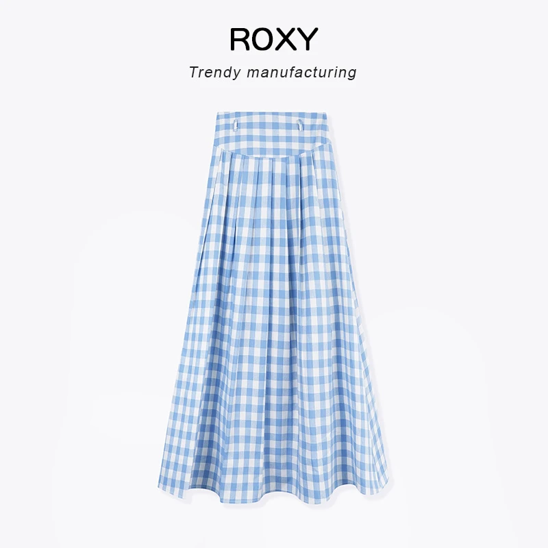 Roxy复古蓝白色格子长裙a字裙伞裙百搭高腰显瘦半身裙春夏新款