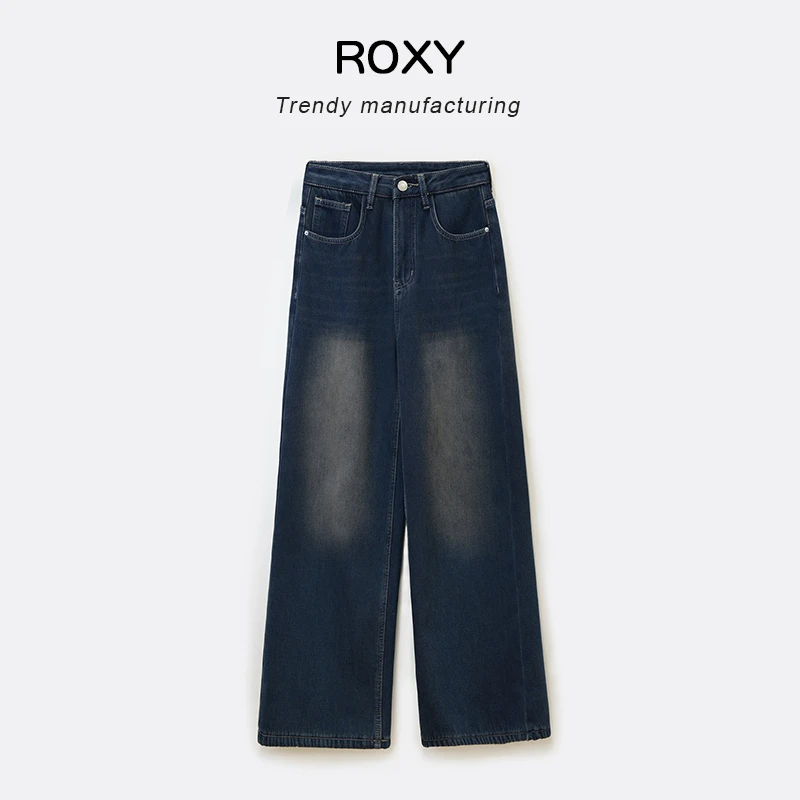 Roxy秋冬爆款美式复古蓝加绒垂感宽松阔腿牛仔裤女