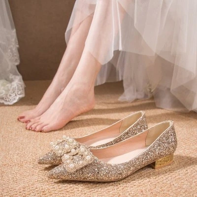 水晶婚鞋女平底主纱新娘鞋秀禾婚纱两穿婚礼亮片单鞋孕妇日常可穿