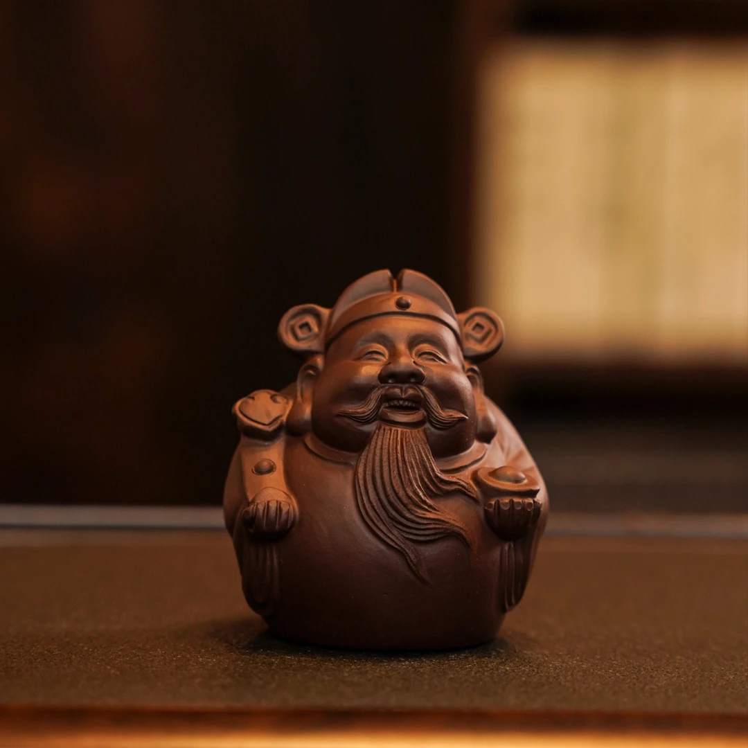 紫砂茶宠 《迎财神》左手金元宝 右手绿如意 财运好运天天到 高档