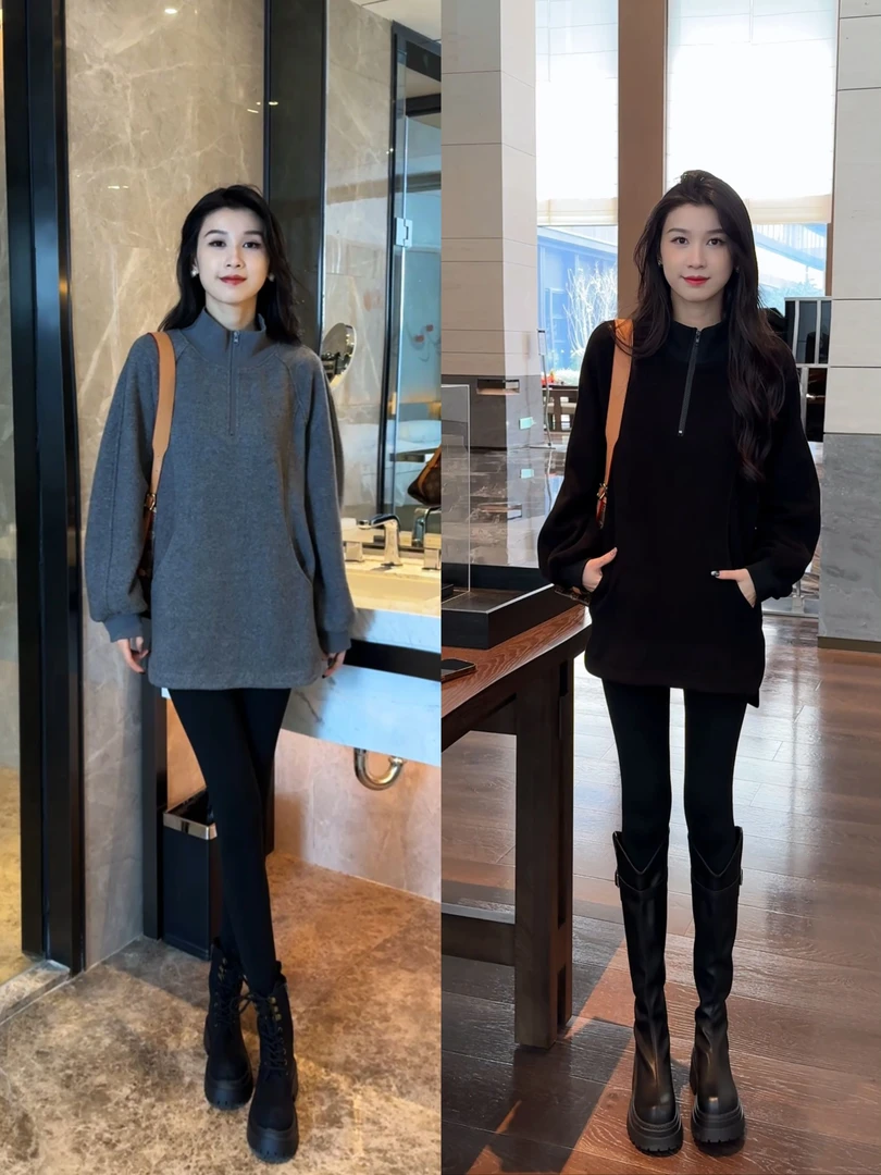 2024秋冬款高级感打底加绒卫衣半拉链上衣搭加绒打底裤套装