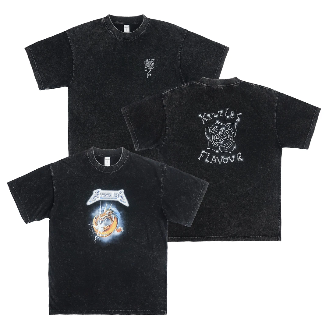 KIZZLES水洗短袖 东方龙珠 金属玫瑰 做旧复古风T恤
