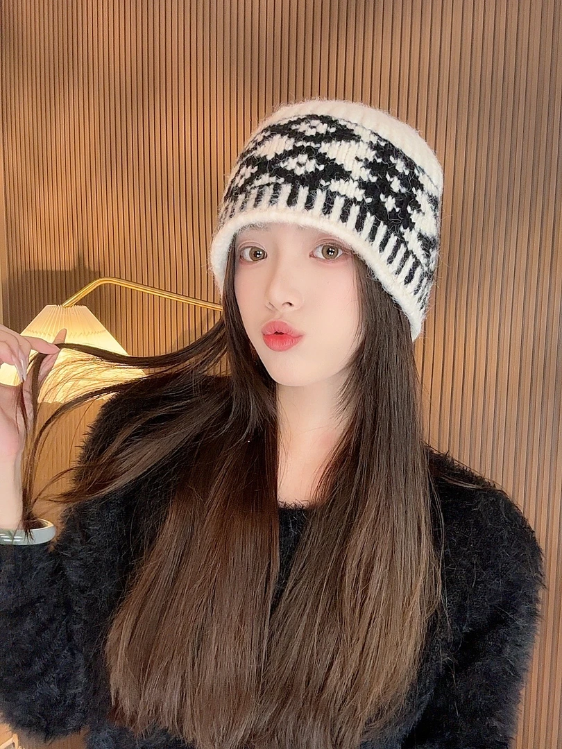 【LANMAO】复古拼色菱形格子针织毛线帽秋冬显脸小包头冷帽保暖帽子