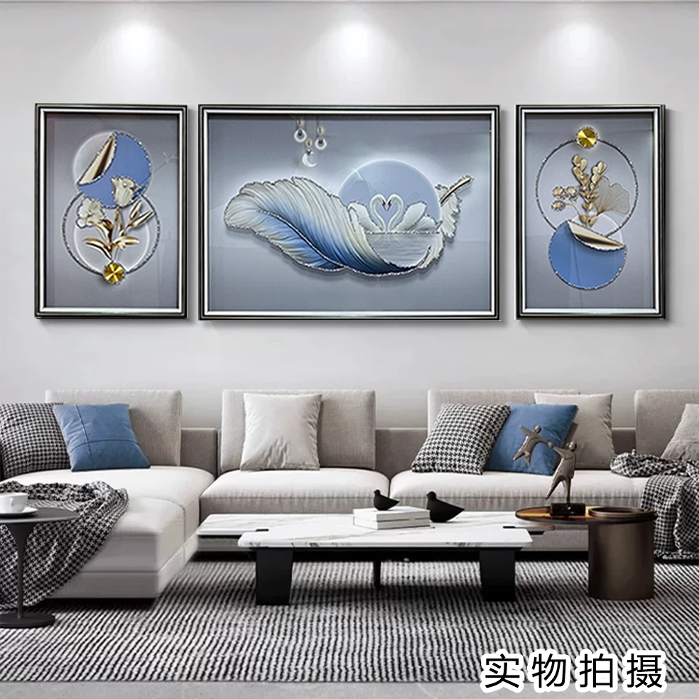 三联画【天鹅系列】水晶银钻玻璃实物手工挂画家居时尚设计装饰画
