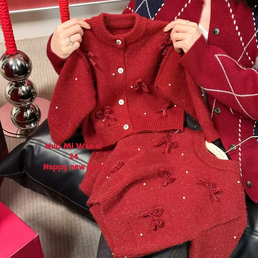 丸子十【YS】儿童韩系百搭金丝蝴蝶结针织毛衣（年款）WZJ-（N）-2320