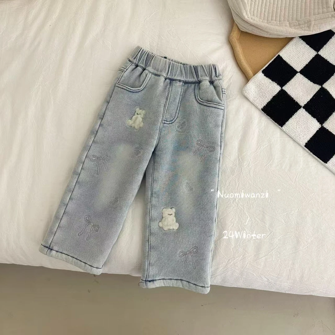 丸子十【现货】儿童韩系蝴蝶结贴布小熊牛仔裤（冬款）WZJ-(L)-4129