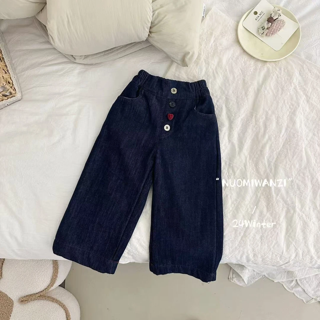 丸子十【现货】儿童韩系百搭彩扣直筒加绒牛仔裤（冬款）WZJ-(L)-2479