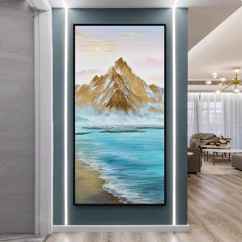 纯手绘油画【日照金山】玄关装饰画现代简约沙发背景画意式轻奢挂画