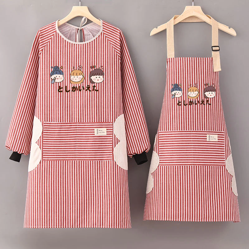 小清新薄款透气棉麻长袖围裙家用厨房做饭防油污耐脏罩衣印logo字