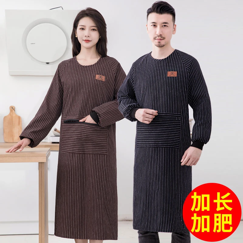 加长加肥纯棉长袖围裙家用厨房反穿衣简约防污男女罩衣耐脏工作服