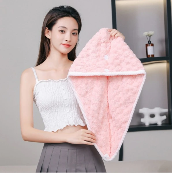 双层珊瑚绒浴帽柔软云朵格双层加厚干发帽吸水速干浴帽干发巾批发