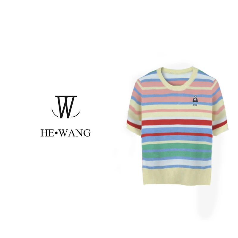 时尚卡通刺绣小熊彩虹条纹休闲减龄百搭针织短袖HW-00101