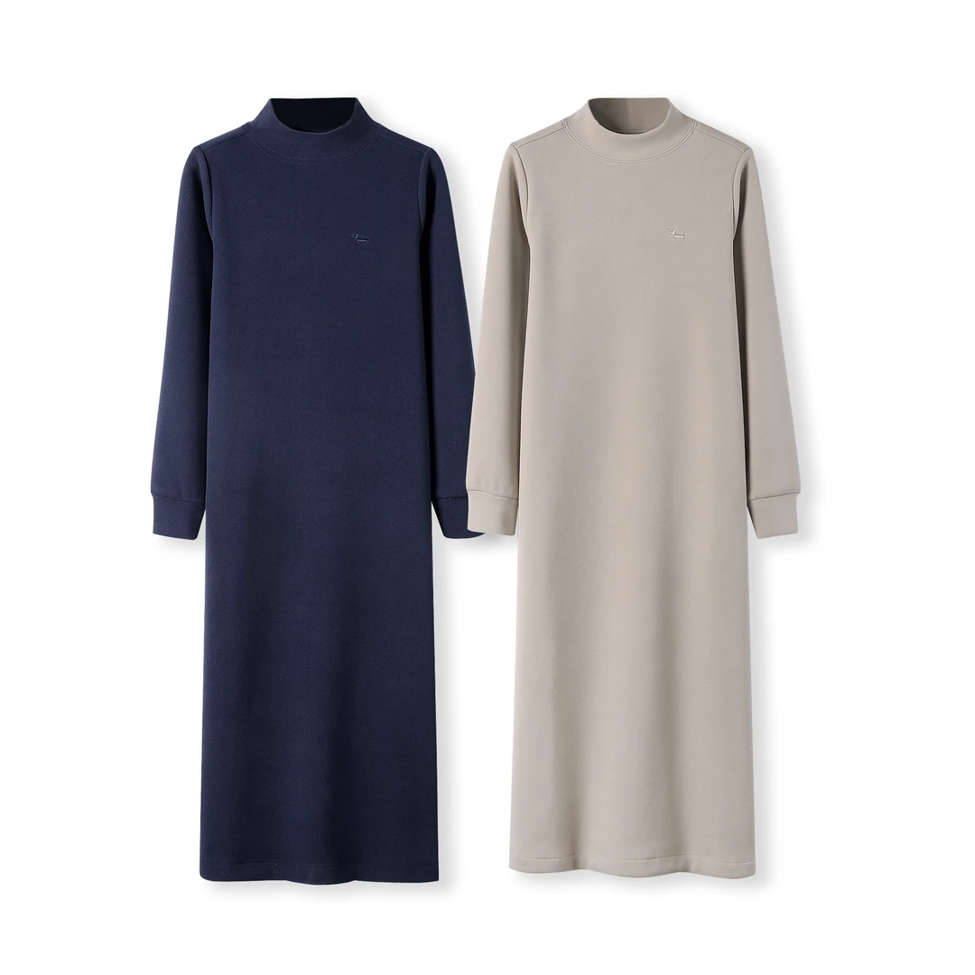 【32119A】冬季加厚火山岩绒防风聚暖中领女装连衣裙过膝长裙