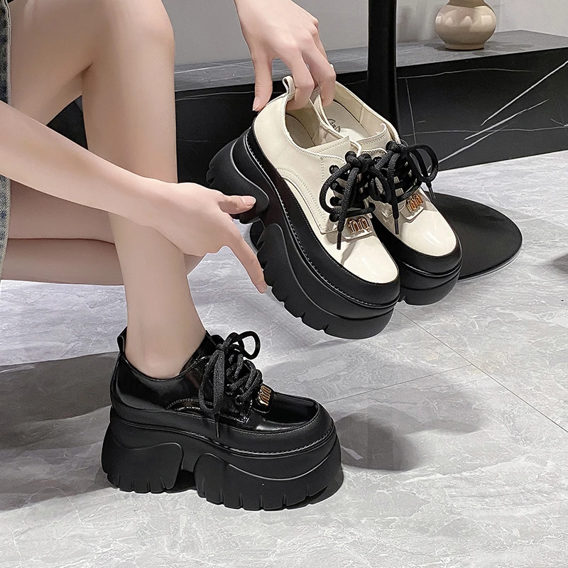 小个子10cm内增高女鞋2024秋冬新款系带单鞋乐福鞋超厚底松糕鞋