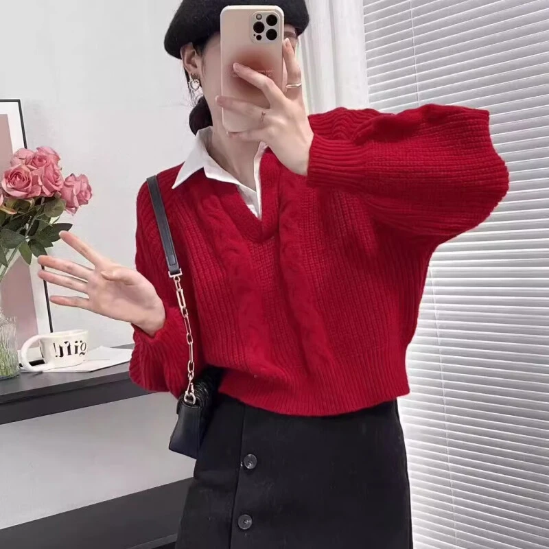 记述假两件polo领毛衣女秋冬季宽松慵懒风设计感小众拼接麻花针织