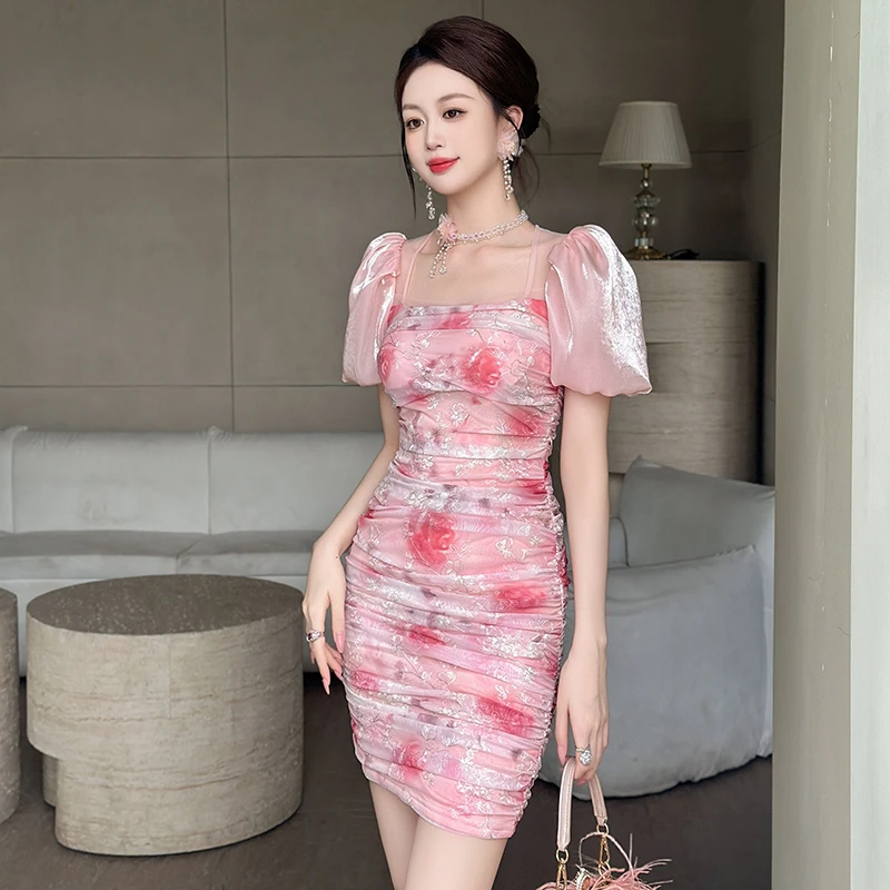 设计师新款碎花显瘦气质性感蕾丝时尚收腰小众修身连衣裙21231