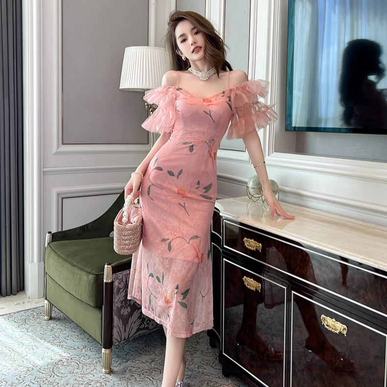 夏季新款一字肩裙子粉色气质法式温柔显白修身女装连衣裙10589