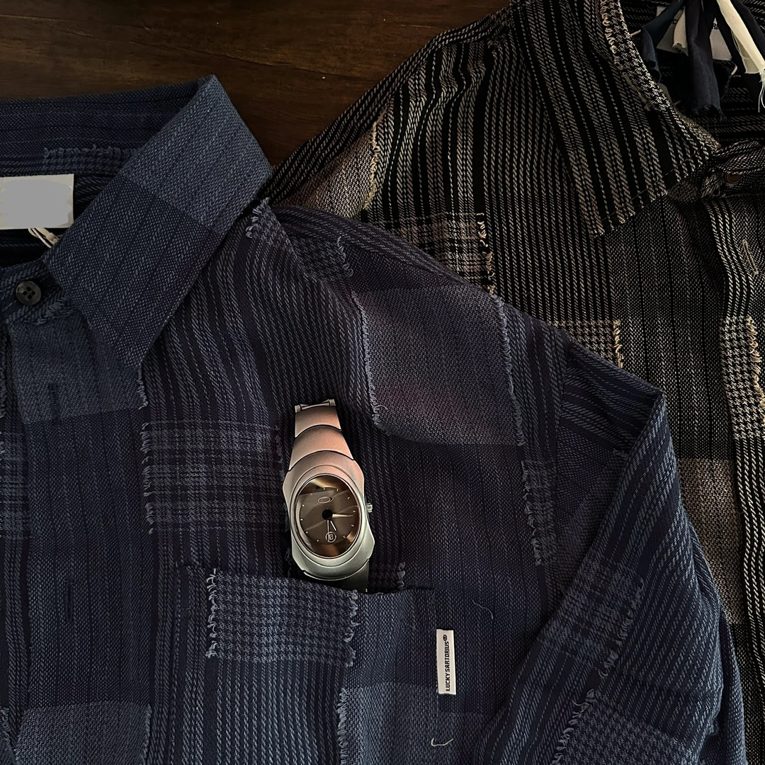 Sina日系复古boro色织格子长袖宽松衬衫XP3031