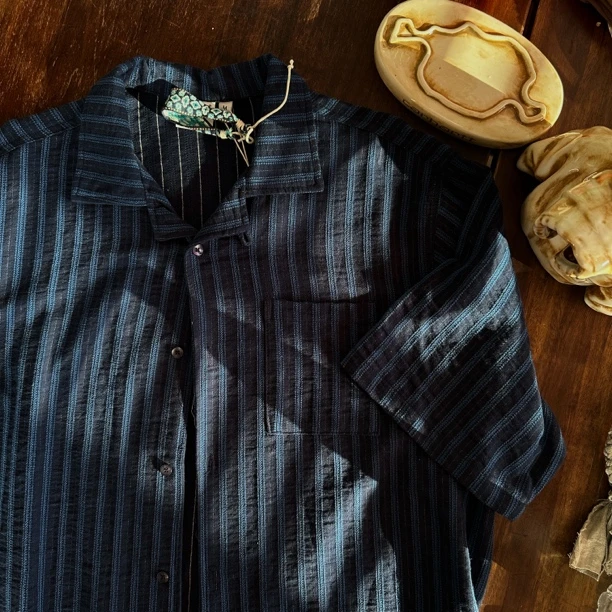 Sina复古夏季蓝色竖条纹古巴领纯棉衬衫CS1139