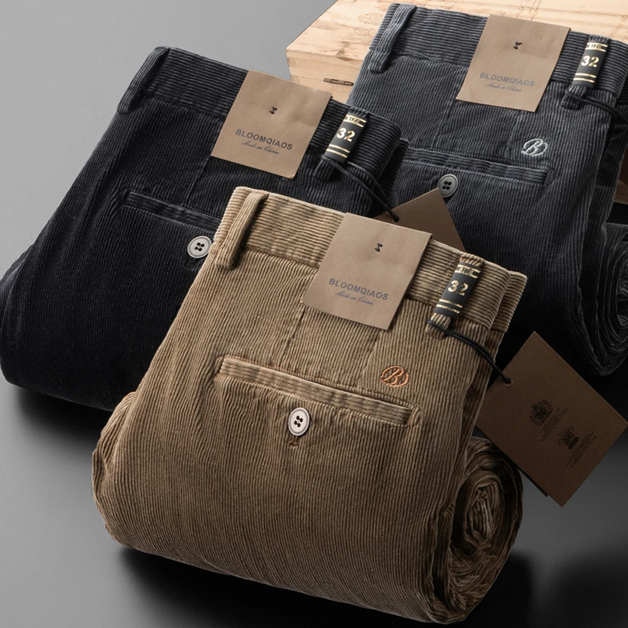 98%棉秋冬新款炒雪花灯芯绒休闲裤男士商务直筒长裤厚款条绒裤子