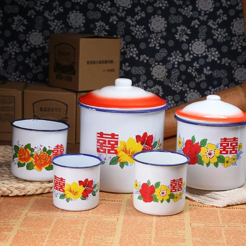 老式怀旧双喜铁茶缸子带盖大号复古搪瓷杯中式创意经典带花水杯子