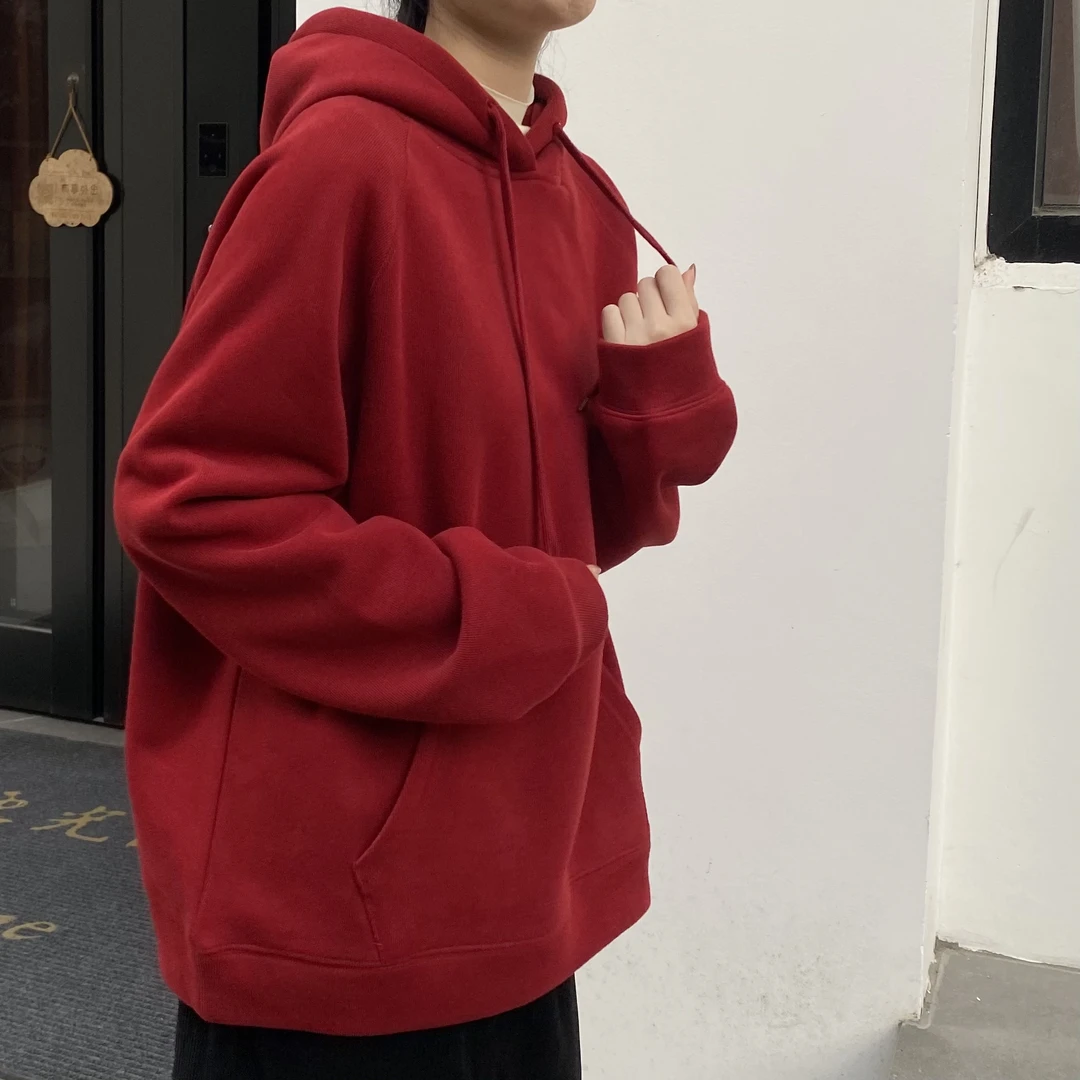 转季清-秋冬新年红色卫衣加绒情侣款连帽加厚宽松冬季百搭套头