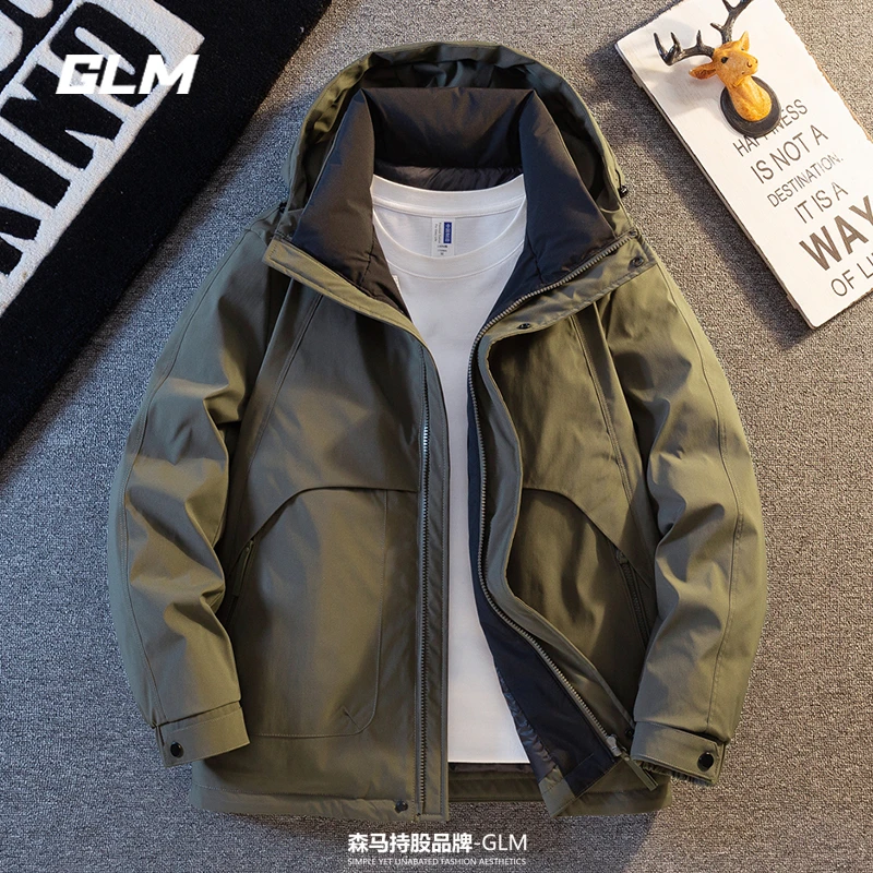 GLM秋冬季90白鸭绒冲锋羽绒服外套连帽保暖休闲中长款面包服 男