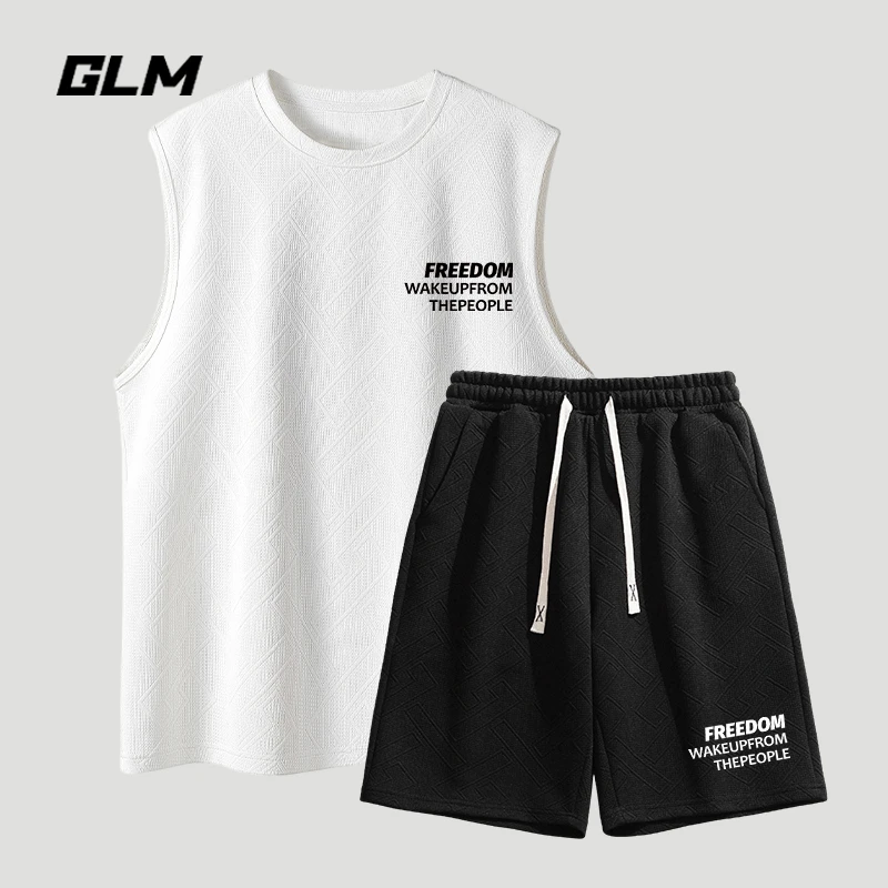 GLM潮牌夏季青少年休闲宽松运动套装背心T恤松紧短裤两件套男
