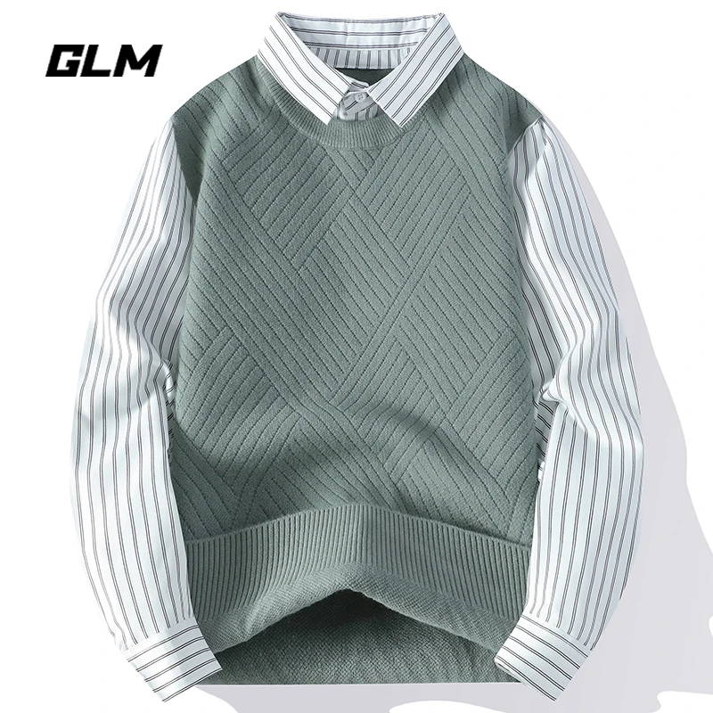 GLM秋冬新款青少年衬衫领假两件学生保暖加厚休闲宽松毛衣 男外套