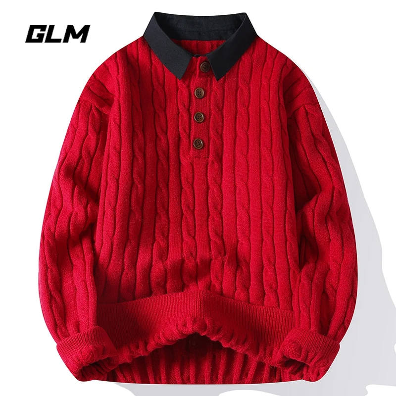 集团品牌GLM新年衬衫领假两件大红红色本命蛇年春节保暖厚毛衣 男