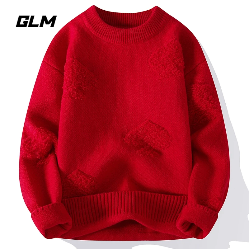 GLM新年红车厘子安哥拉大红色蛇春节潮保暖加厚本命年会毛衣 男