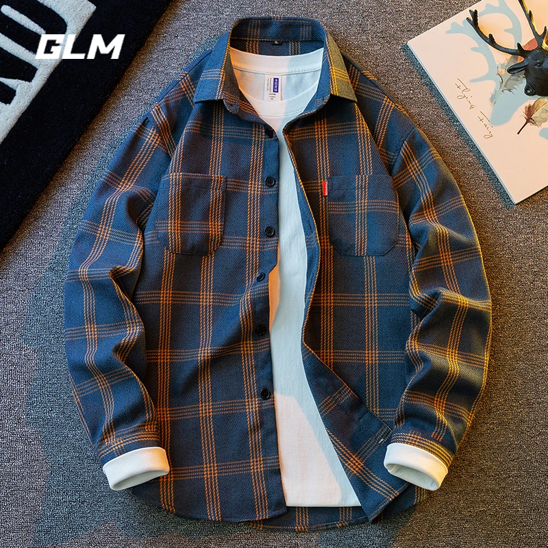 GLM夏季潮牌秋季日系格子寸衫复古美式休闲宽松长袖衬衫外套男