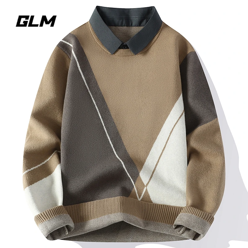 GLM秋冬季打底衬衫领假两件套头保暖拼色休闲毛衣 男带领针织衫