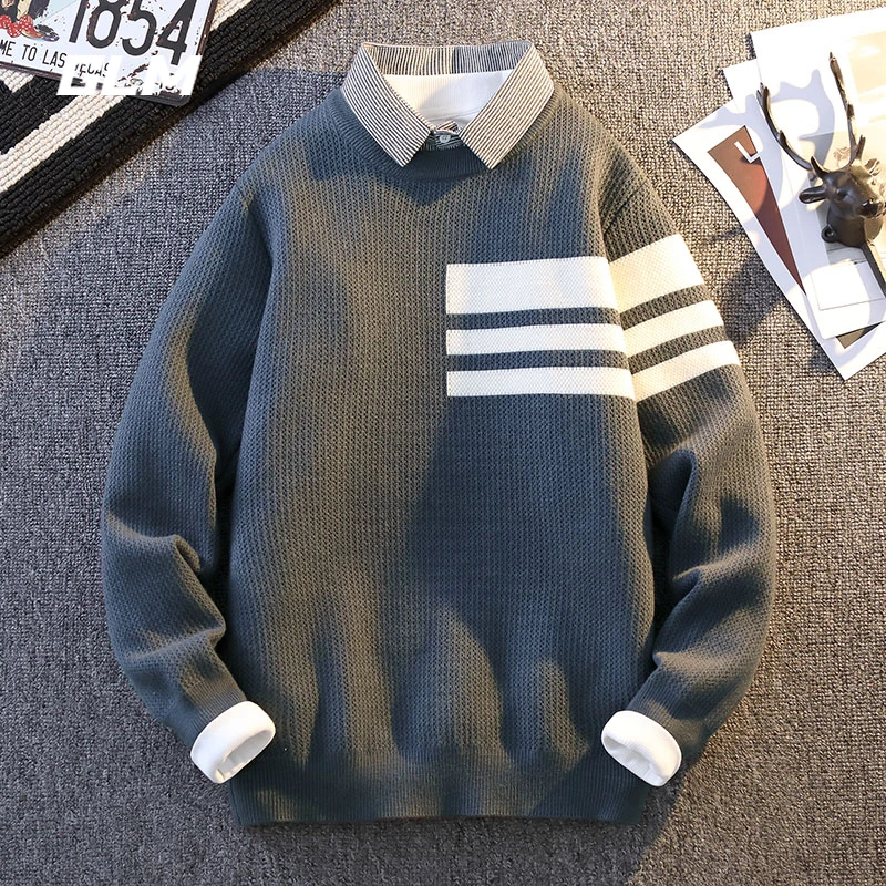 GLM秋冬衬衫领假两件潮流保暖宽松春秋套头带领毛衣 男针织衫外套