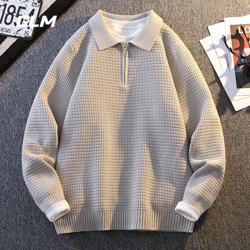 GLM秋冬季衬衫领拉链潮流休闲保暖宽松加厚春秋套头毛衣 男外套