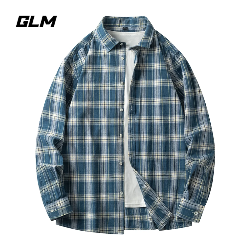 GLM春季潮牌格子衬衫复古高级感纯棉简约休闲宽松长袖衬衫外套 男