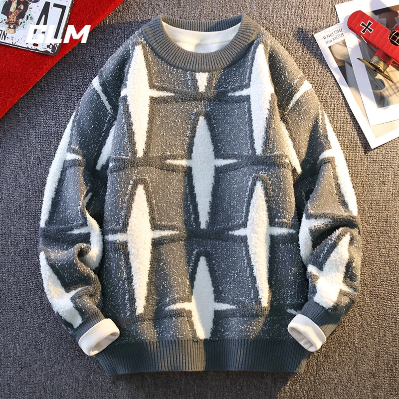 GLM秋冬季慵懒风圆领潮流方格保暖宽松加厚春秋套头毛衣 男外套
