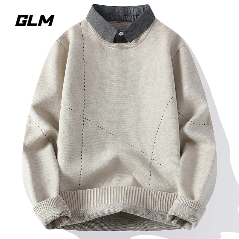 GLM春季衬衫领假两件潮流保暖宽松春秋套头带领毛衣 男针织衫外套