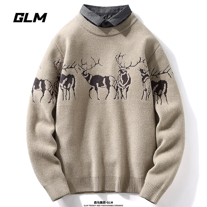 集团品牌GLM秋冬针织保暖加厚宽松学生假两件衬衫带领毛衣男线衣