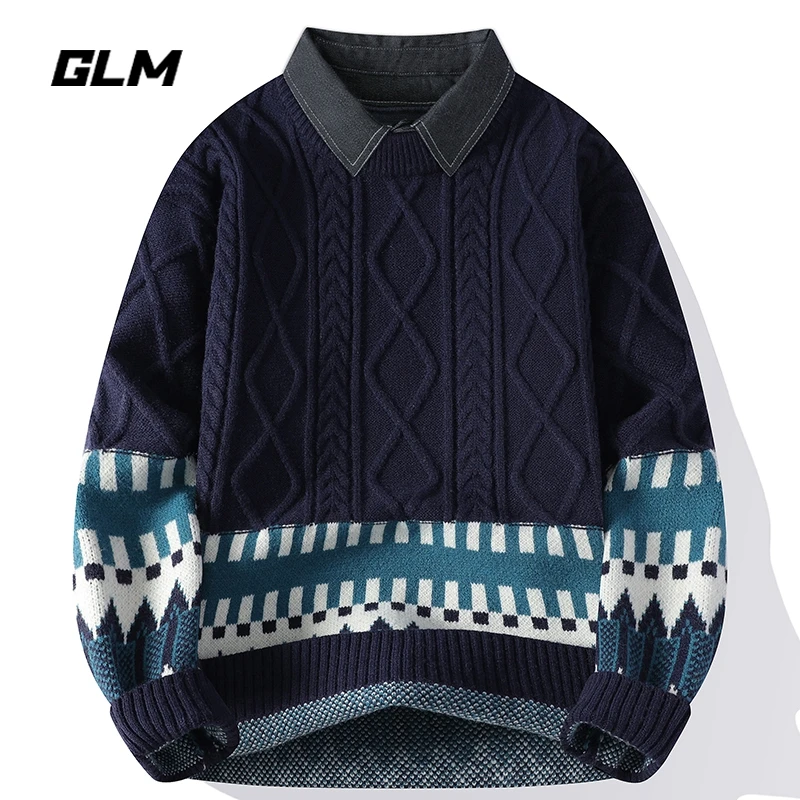 GLM秋冬衬衫领假两件潮流保暖宽松春秋套头带领毛衣 男针织衫外套