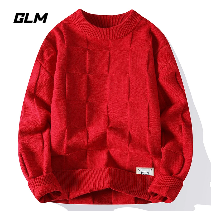 集团品牌GLM除夕新年红车厘子大红色龙年春节潮保暖加厚毛衣 男
