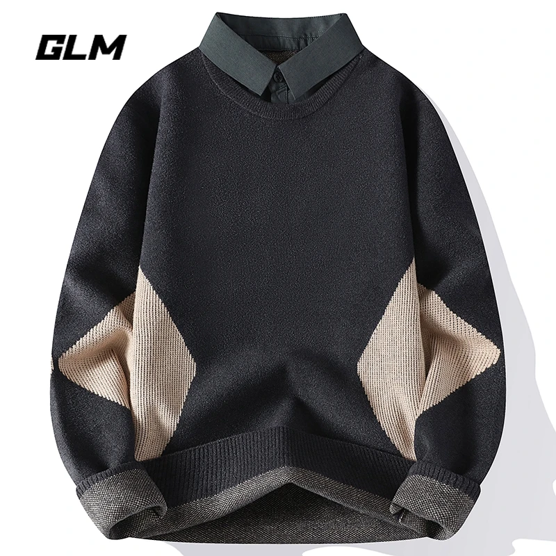 GLM春季新款休闲衬衫领假两件套头加厚保暖毛衣 男带领针织衫外套