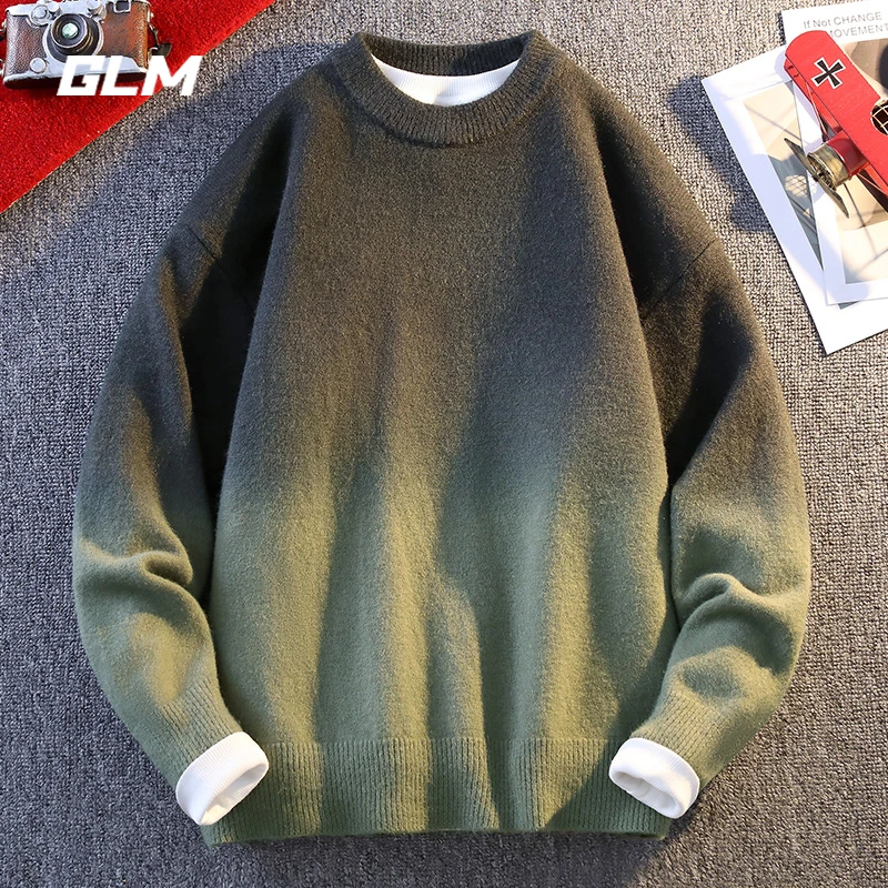 GLM秋冬季慵懒风渐变吊染圆领潮闲保暖宽松加厚套头毛衣 男外套